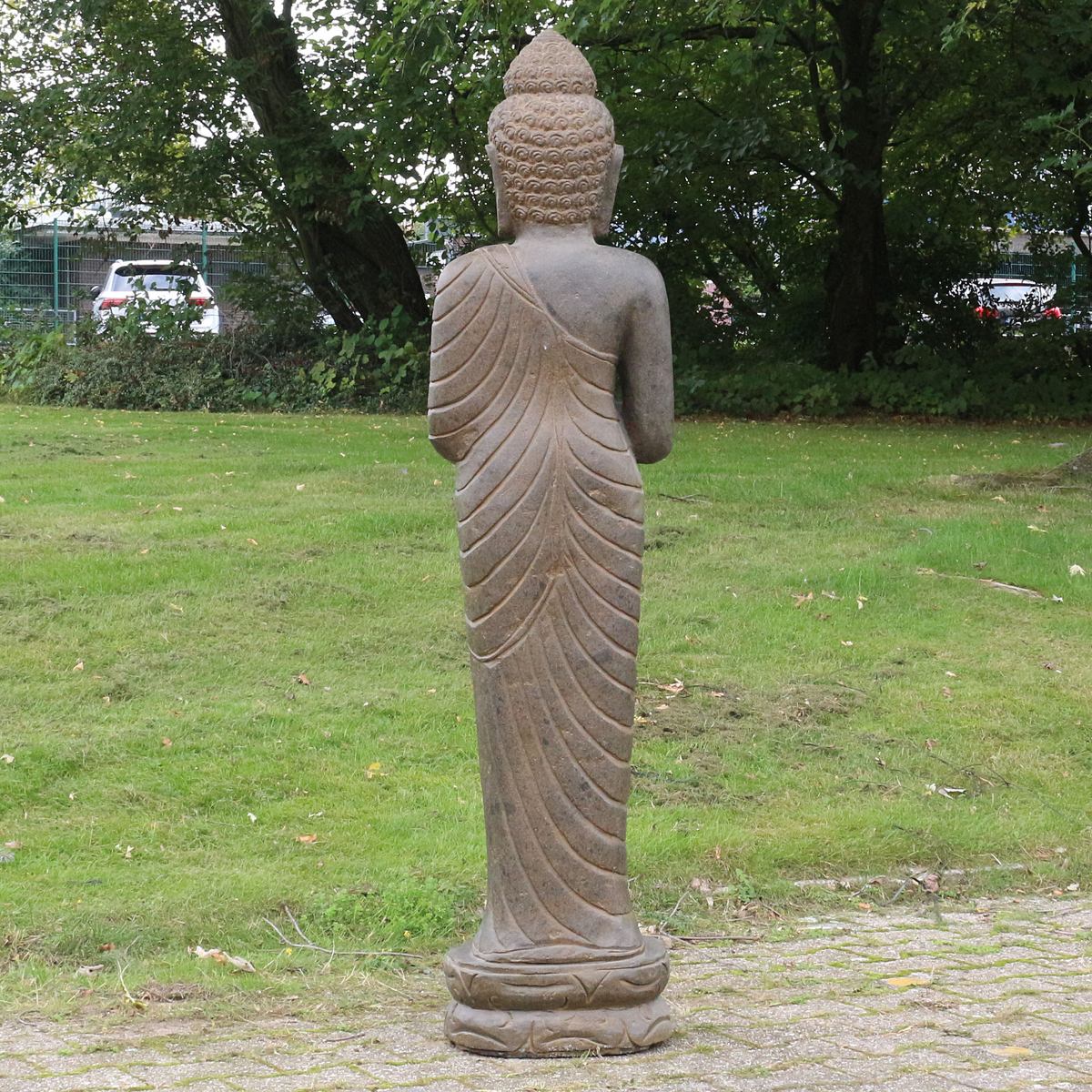 Buddha Stein Figur Statue Gartenfigur Steinfigur Dekofigur Gartendeko stehend Greenstone Antik Greetings 150 cm
