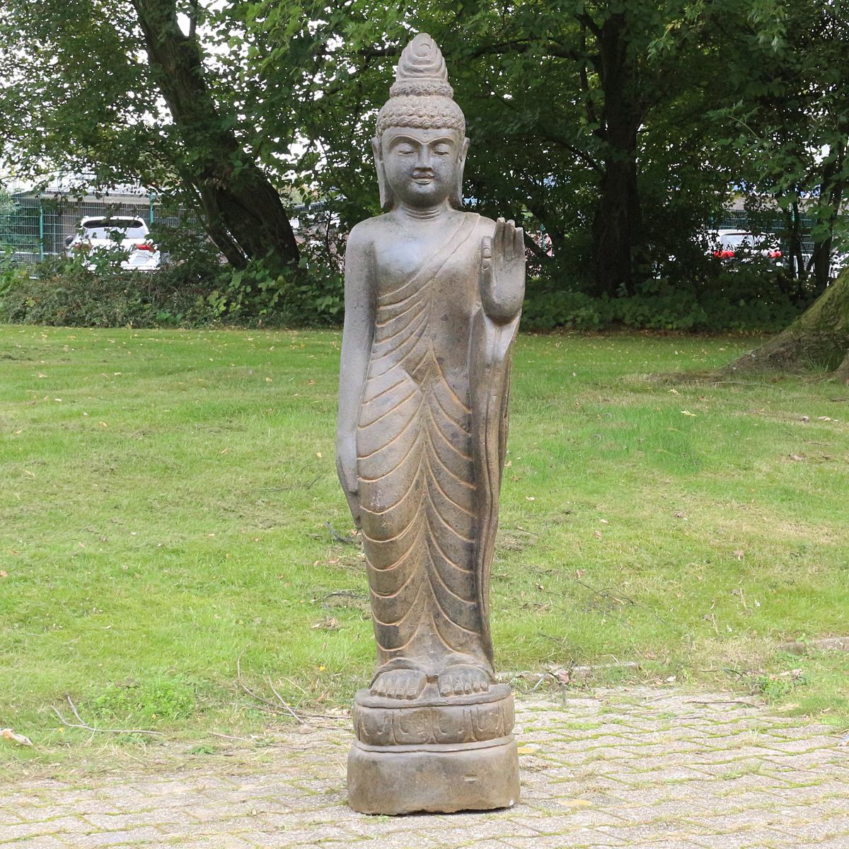 Buddha Figur stehend Steinfigur Greenstone Antik Hand up 175 cm