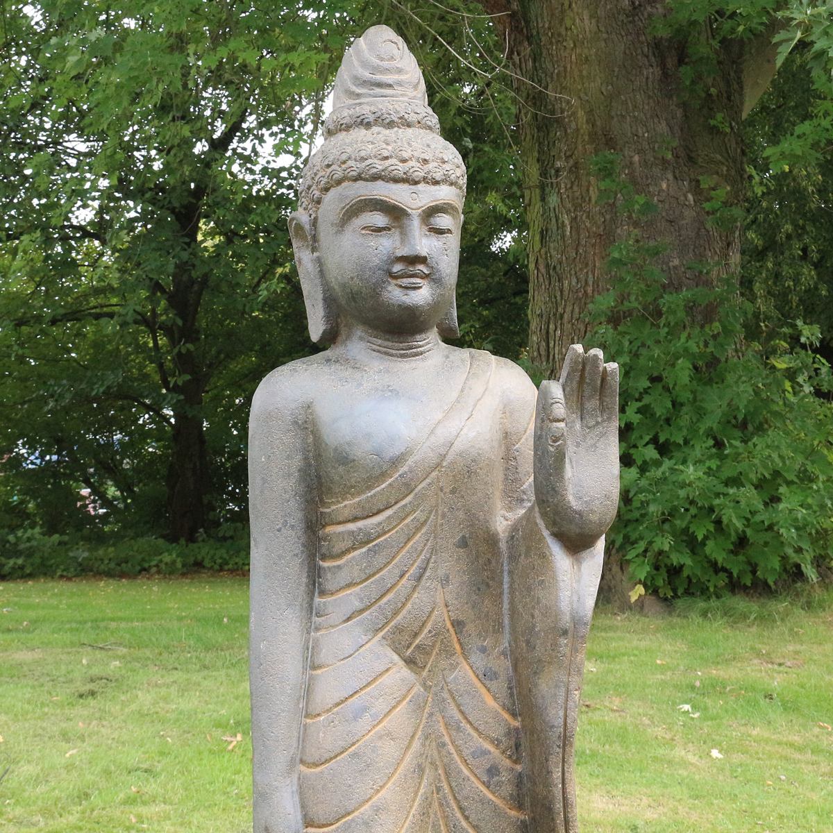 Buddha Stein Figur Statue Gartenfigur Steinfigur Dekofigur Gartendeko stehend Greenstone Antik Hand up 150 cm