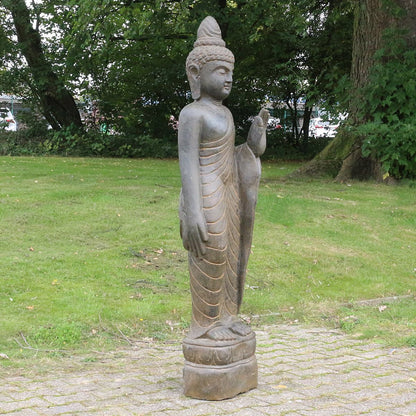 Buddha Stein Figur Statue Gartenfigur Steinfigur Dekofigur Gartendeko stehend Greenstone Antik Hand up 150 cm