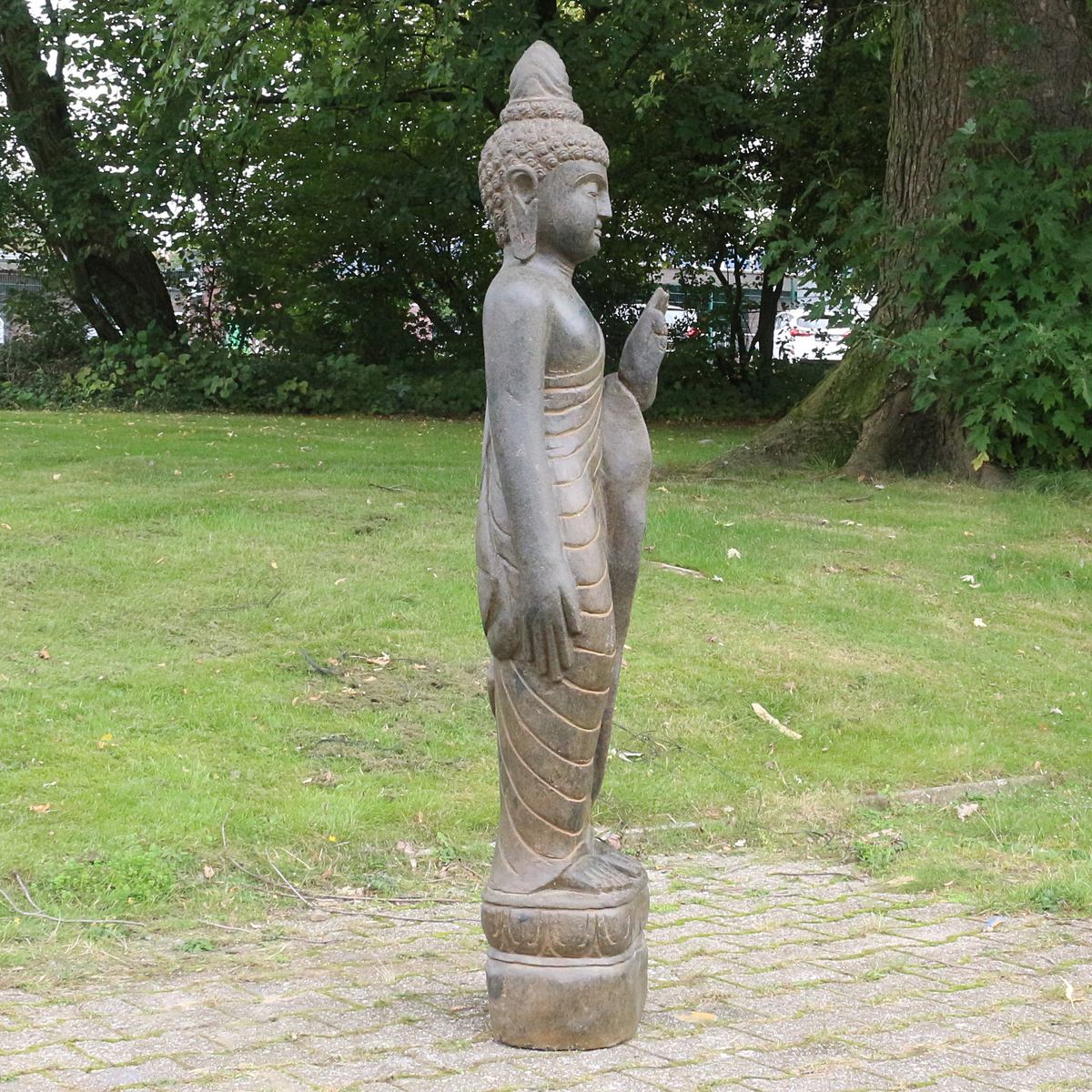 Buddha Stein Figur Statue Gartenfigur Steinfigur Dekofigur Gartendeko stehend Greenstone Antik Hand up 150 cm