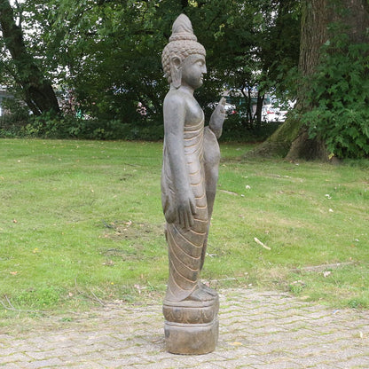 Buddha Stein Figur Statue Gartenfigur Steinfigur Dekofigur Gartendeko stehend Greenstone Antik Hand up 150 cm