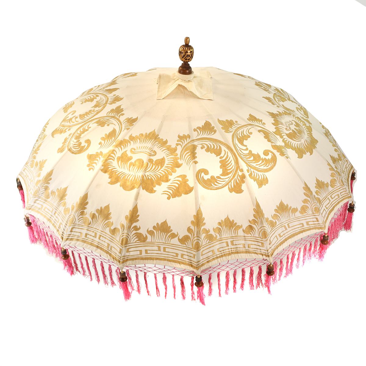 Balinesischer Sonnenschirm 180 cm mit goldener Bemalung Weiß Pink