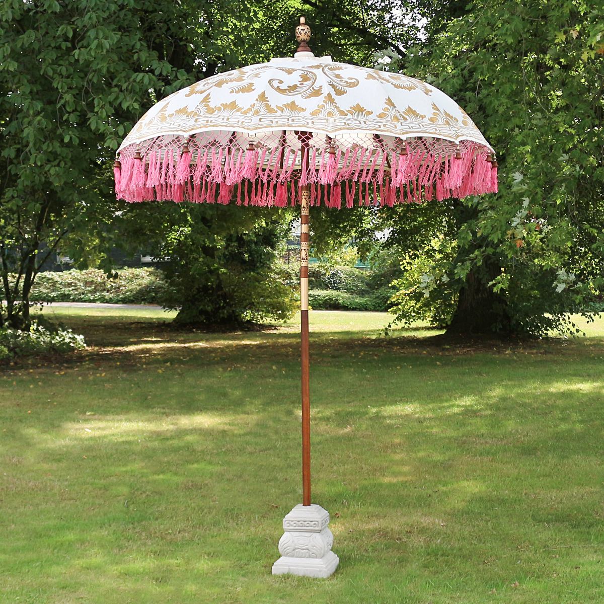 Balinesischer Sonnenschirm 180 cm mit goldener Bemalung Weiß Pink