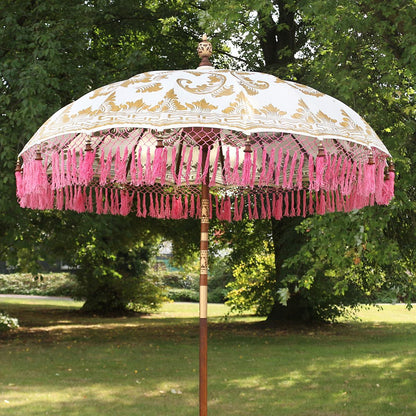 Balinesischer Sonnenschirm 180 cm mit goldener Bemalung Weiß Pink