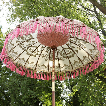 Balinesischer Sonnenschirm 180 cm mit goldener Bemalung Weiß Pink