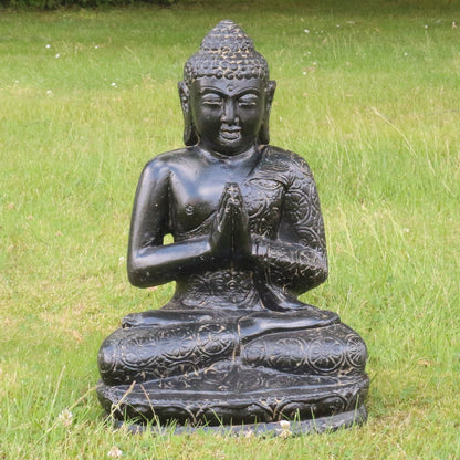 Buddha Statue sitzend Figur Skulptur Asien Indonesien Deko Steinguss Lavastein Gartenfigur Greetings GRC 45 cm