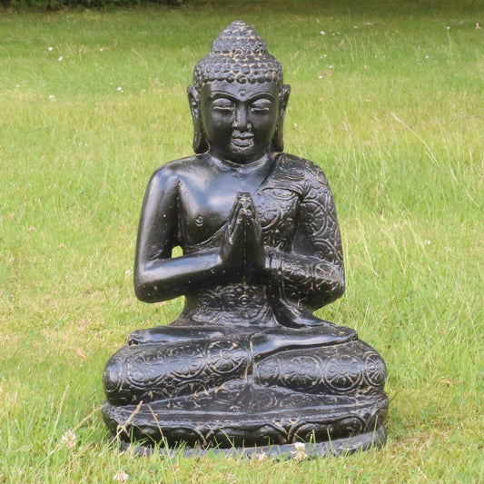 Buddha Statue sitzend Figur Skulptur Asien Indonesien Deko Steinguss Lavastein Gartenfigur Greetings GRC 45 cm