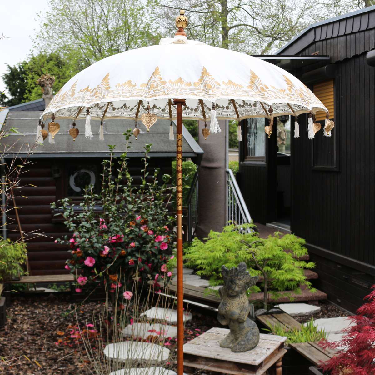 Bali Sonnenschirm Balinesischer Schirm Garten Baumwolle Handarbeit ideal für Balkon Dekoschirm 2-teilig ca. 130 Ø cm Variante
