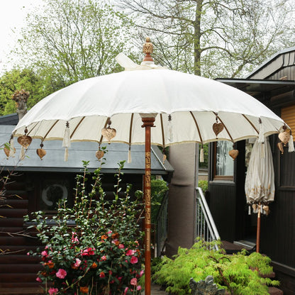 XXL Bali Sonnenschirm Balinesischer Schirm Garten Baumwolle Sonnenschutz Handarbeit Retro Vintage Dekoschirm 2-teilig ca. 220 Ø cm Creme Weiß