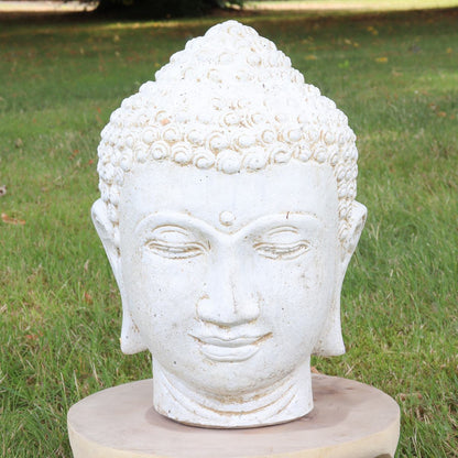 Buddha Kopf Head Steinfigur Skulptur Stein Lavasand Bali Garten Deko handgefertigt aus Bali Weiß 33 cm