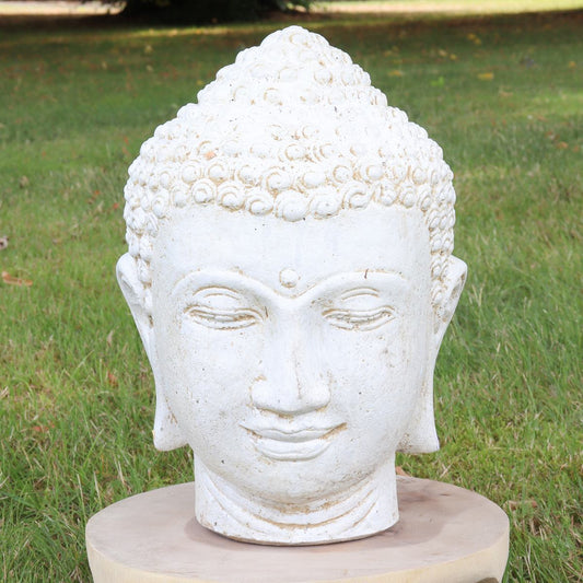 Buddha Kopf Head Steinfigur Skulptur Stein Lavasand Bali Garten Deko handgefertigt aus Bali Weiß 33 cm