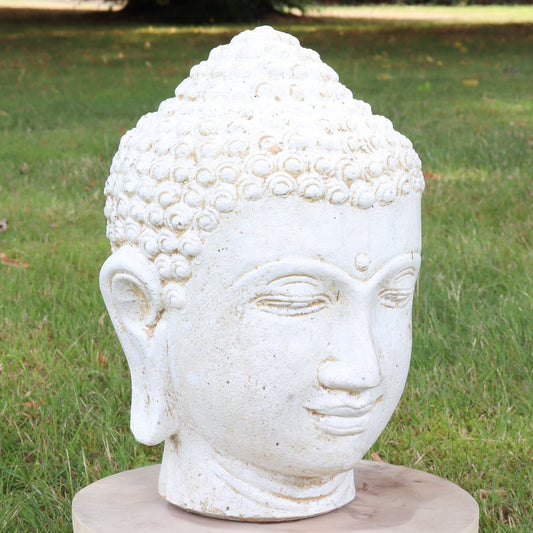Buddha Kopf Head Steinfigur Skulptur Stein Lavasand Bali Garten Deko handgefertigt aus Bali Weiß 33 cm