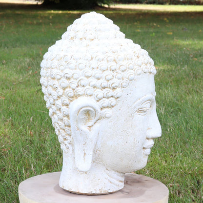 Buddha Kopf Head Steinfigur Skulptur Stein Lavasand Bali Garten Deko handgefertigt aus Bali Weiß 33 cm