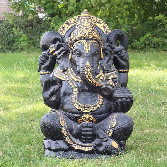 Ganesha Figur Hinduismus Buddhismus Gott Götterbote Ganapati Geschenk Beton Antik Finish mit Goldverzierung 80 cm
