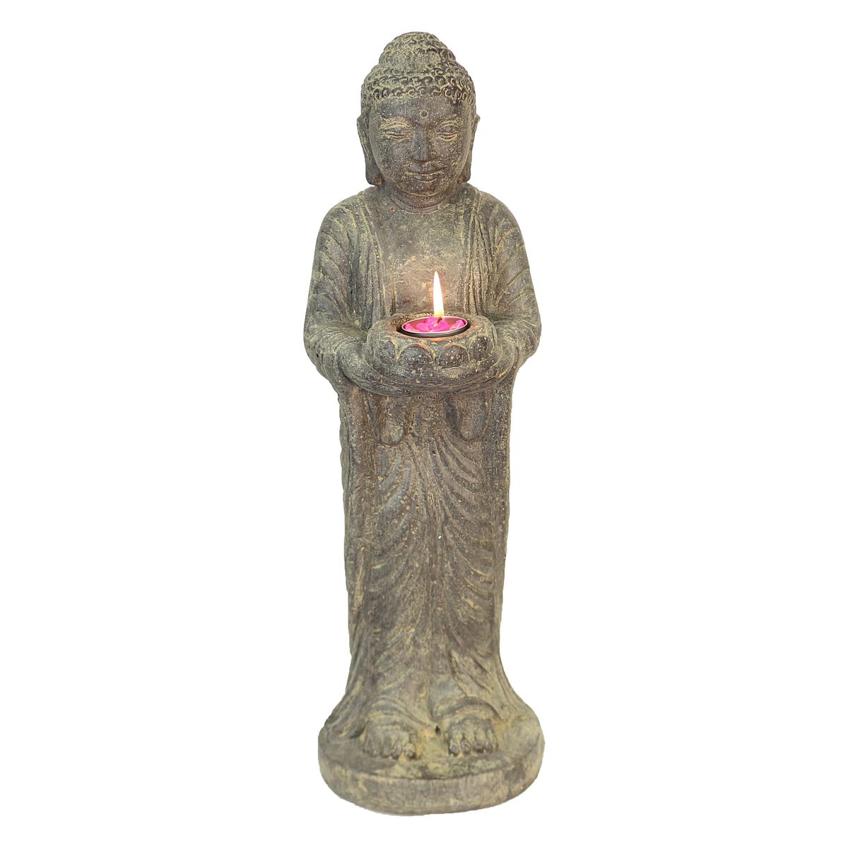 Buddha Figur stehend Kerzen Skulptur Stein Lavasand Bali Buddha Gott Garten Deko Teelichthalter 50 cm