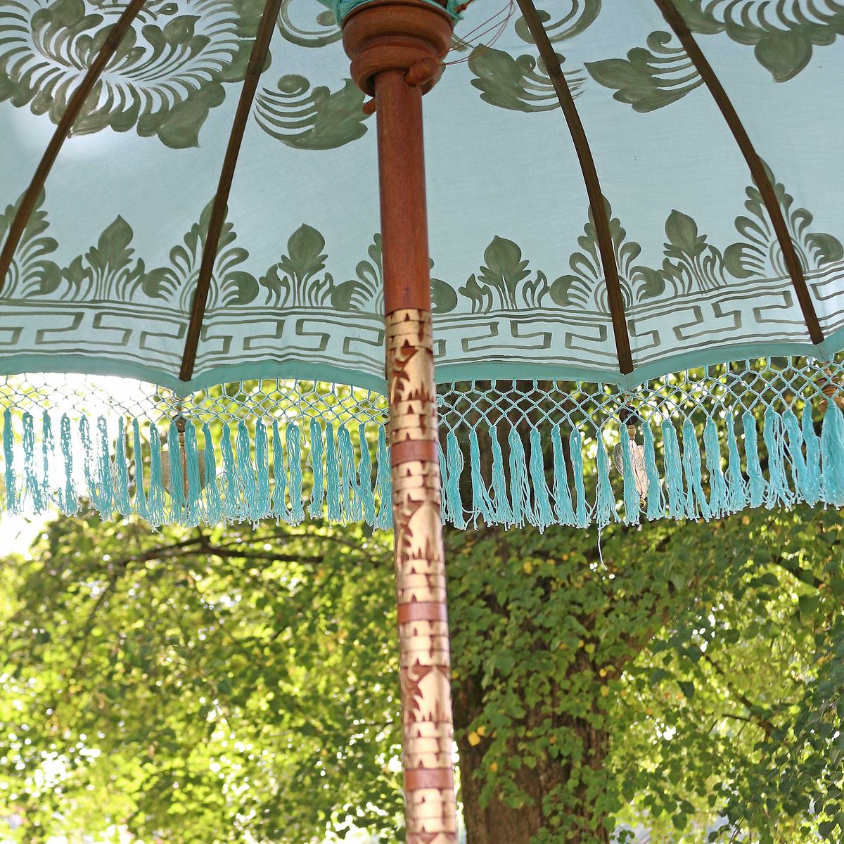 Türkiser Bali Garten-Sonnenschirm,180 cm Gold Fransen Emilia