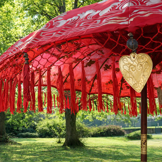 Sonnenschirm Bali Schirm 180 cm Rot, Gold Bemalung Fransen, Gartenschirm Baumwolle Sonnenschutz Handarbeit Dekoschirm Model Rubin