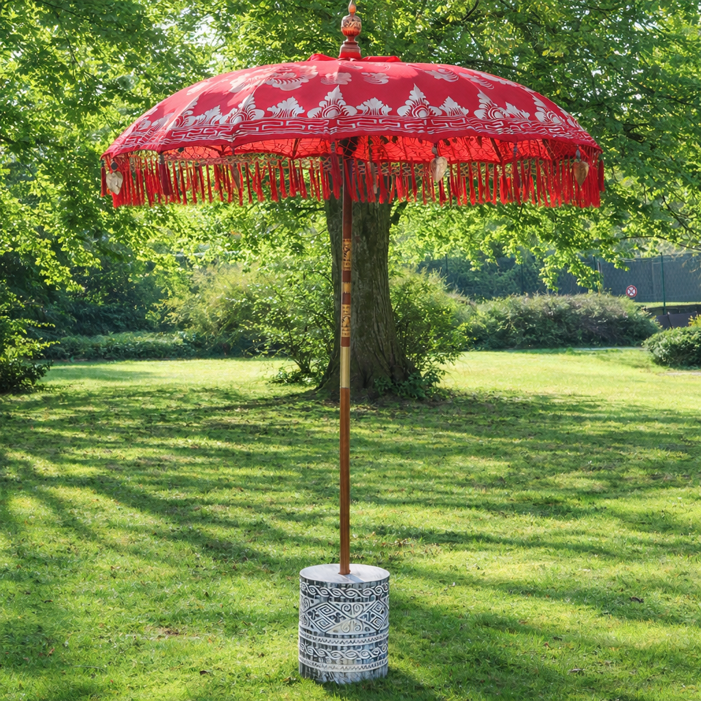Sonnenschirm Bali Schirm 180 cm Rot, Gold Bemalung Fransen, Gartenschirm Baumwolle Sonnenschutz Handarbeit Dekoschirm Model Rubin