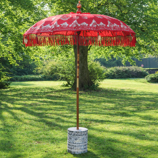 Sonnenschirm Bali Schirm 180 cm Rot, Gold Bemalung Fransen, Gartenschirm Baumwolle Sonnenschutz Handarbeit Dekoschirm Model Rubin