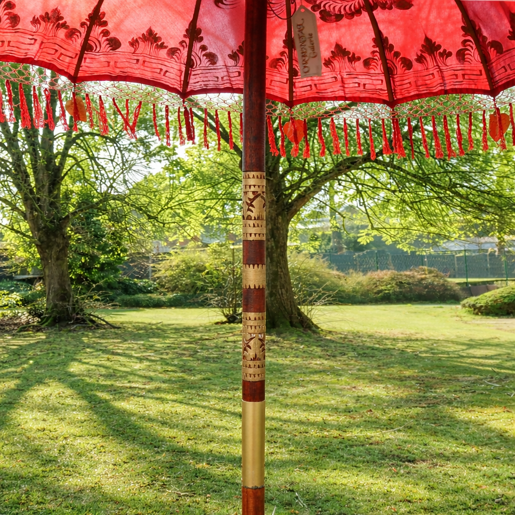 Sonnenschirm Bali Schirm 180 cm Rot, Gold Bemalung Fransen, Gartenschirm Baumwolle Sonnenschutz Handarbeit Dekoschirm Model Rubin