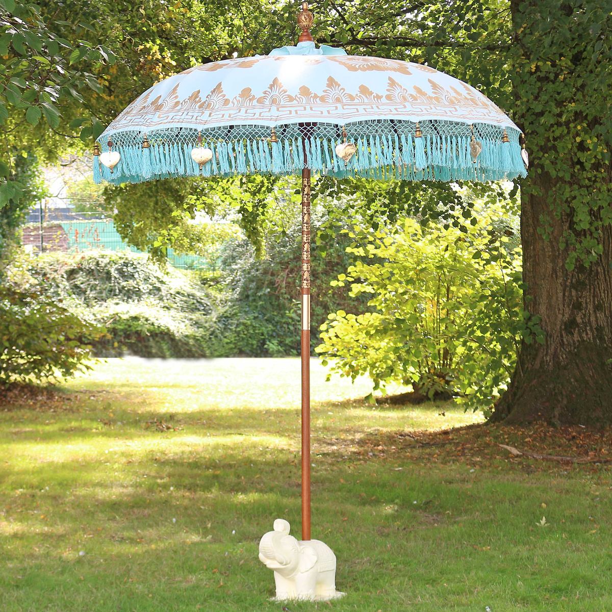 Türkiser Bali Garten-Sonnenschirm,180 cm Gold Fransen Emilia