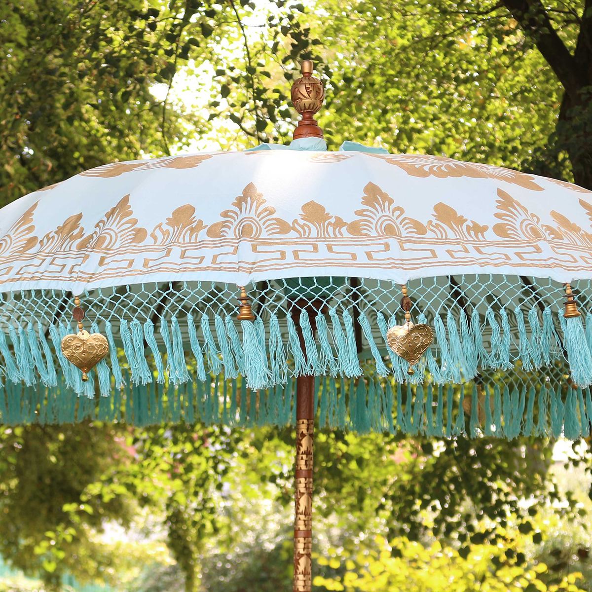 Türkiser Bali Garten-Sonnenschirm,180 cm Gold Fransen Emilia
