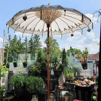 Bali Sonnenschirm Balinesischer Garten Schirm Baumwolle Handarbeit Retro Vintage Dekoschirm 2-teilig ca 180cm einfache Bemalung