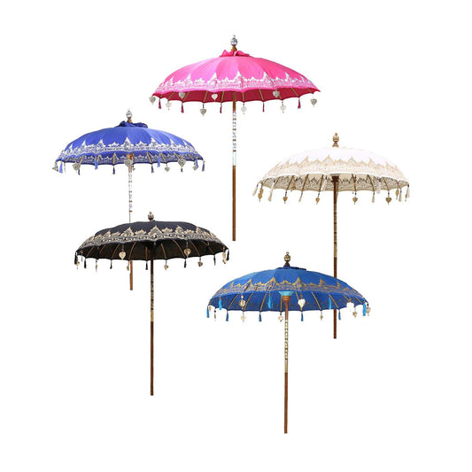 Bali Sonnenschirm Balinesischer Garten Schirm Baumwolle Handarbeit Retro Vintage Dekoschirm 2-teilig ca 180cm einfache Bemalung