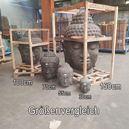 Buddha Kopf Figur Skulptur Stein Lavasand Bali Steinfigur Gartenfigur Buddhakopf Garten Deko Weiß 125 cm