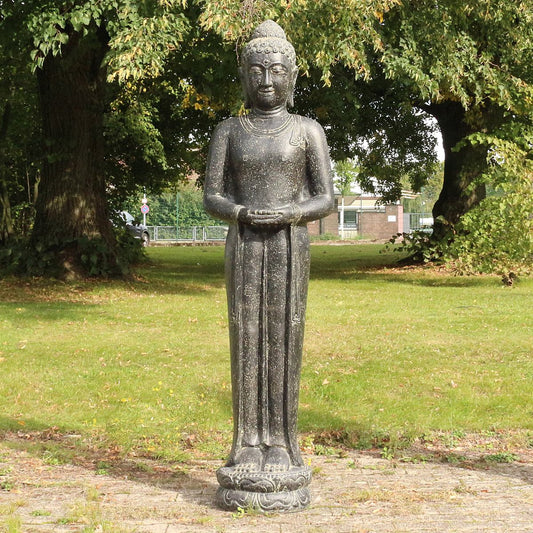 XXL Buddha Statue Lebensgroß Figur Skulptur Stehend Asien Indonesien Deko Steinguss Lavastein Gartenfigur Meditation 190 cm