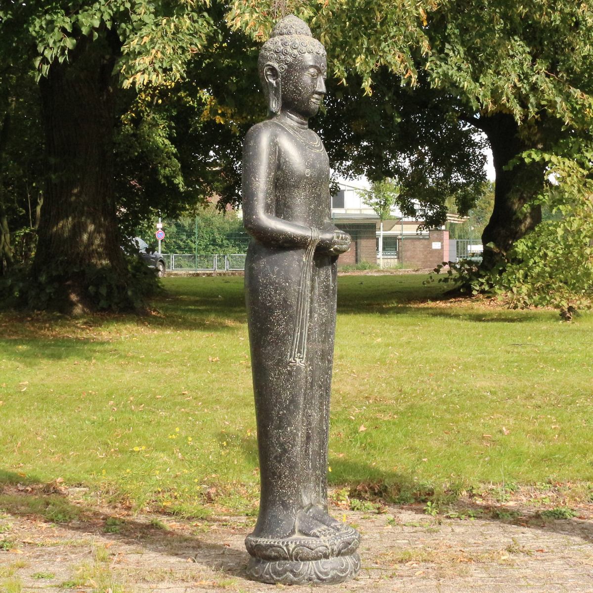 XXL Buddha Statue Lebensgroß Figur Skulptur Stehend Asien Indonesien Deko Steinguss Lavastein Gartenfigur Meditation 190 cm