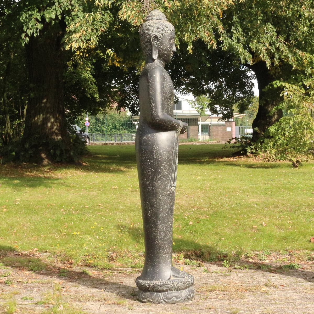 XXL Buddha Statue Lebensgroß Figur Skulptur Stehend Asien Indonesien Deko Steinguss Lavastein Gartenfigur Meditation 190 cm