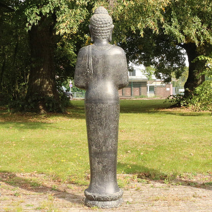 XXL Buddha Statue Lebensgroß Figur Skulptur Stehend Asien Indonesien Deko Steinguss Lavastein Gartenfigur Meditation 190 cm