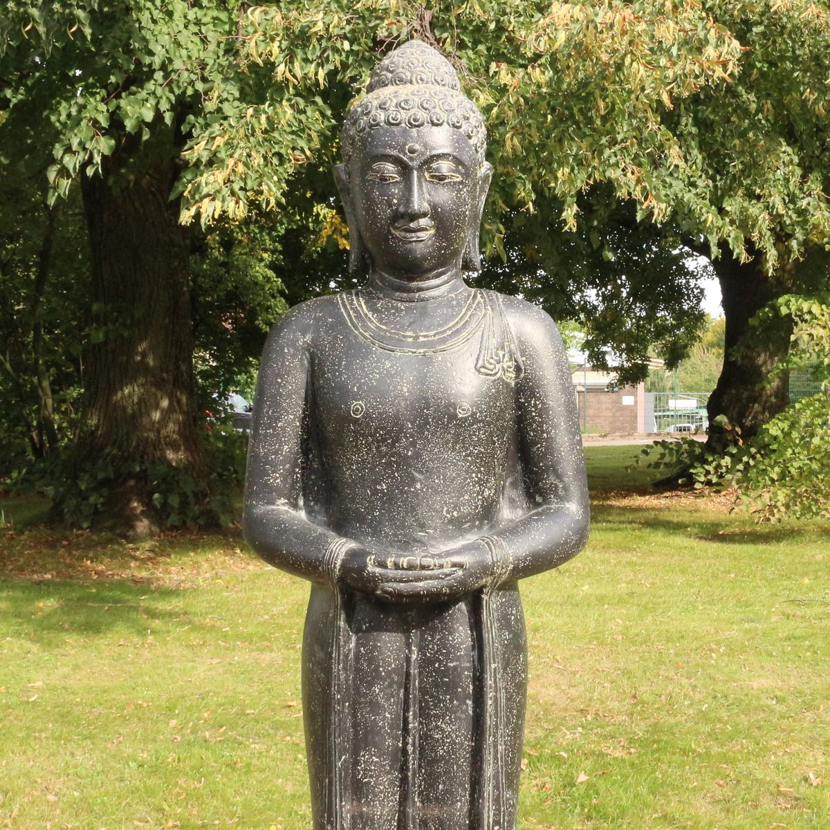 XXL Buddha Statue Lebensgroß Figur Skulptur Stehend Asien Indonesien Deko Steinguss Lavastein Gartenfigur Meditation 190 cm