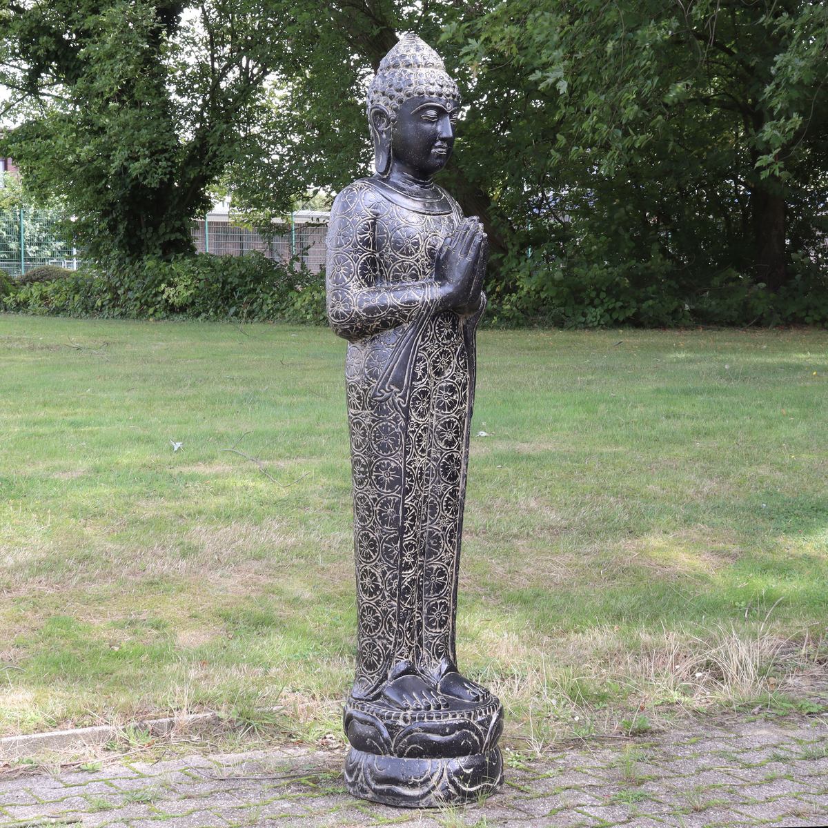 Buddha Statue stehend Figur Skulptur Asien Indonesien Deko GRC Beton Gartenfigur mit Muster 180 cm